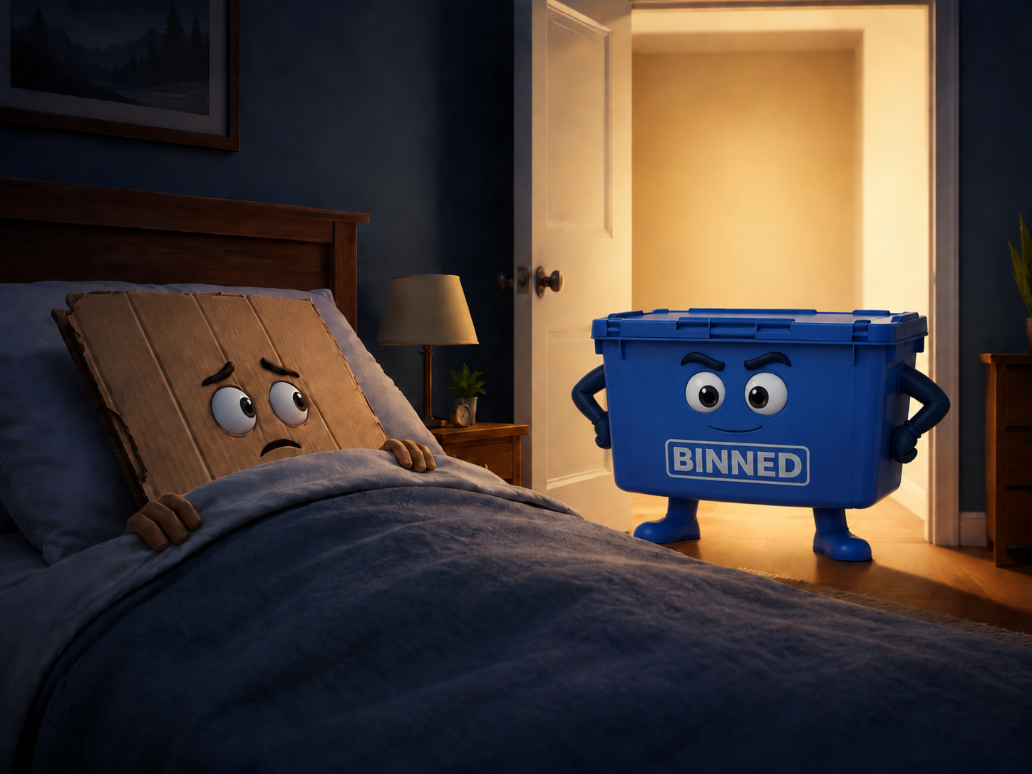 A piece of cardboard tucked into bed while a GoGetBinned bin mascot stands in the doorway